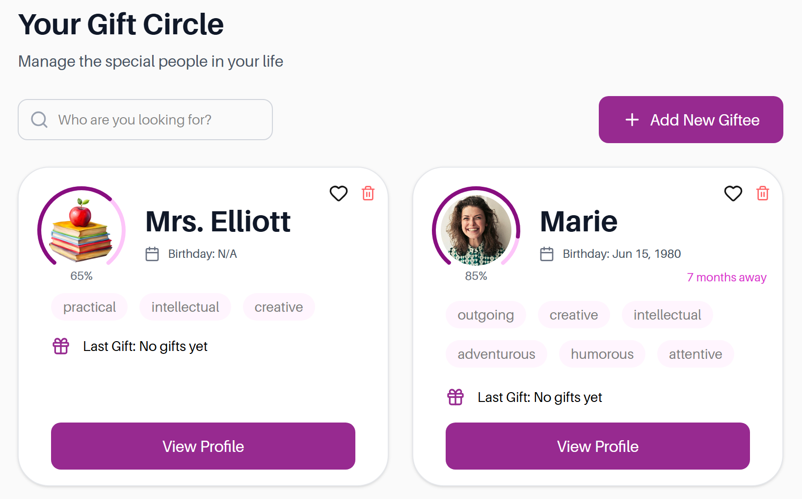 Gift Circle interface